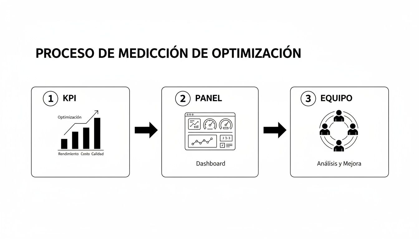Diagrama de flujo que ilustra el proceso de medición de optimización con KPI, panel y equipo.