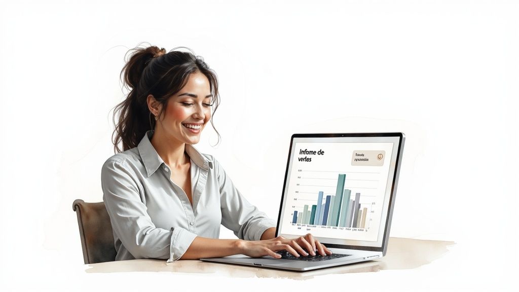 Mujer sonriente trabajando en su laptop, visualizando un informe de ventas con gráficos de barras.