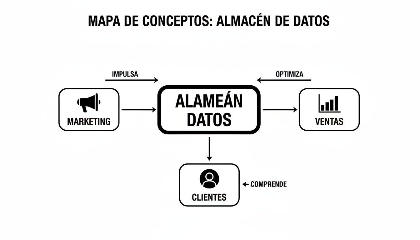 Mapa conceptual de almacén de datos, detallando cómo impulsa marketing, optimiza ventas y comprende a los clientes.
