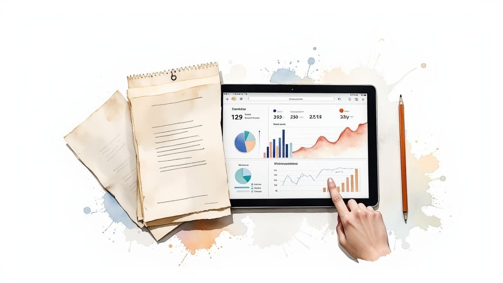 Una mano interactúa con una tablet mostrando gráficos de datos, junto a papeles antiguos y un lápiz, con salpicaduras de acuarela.
