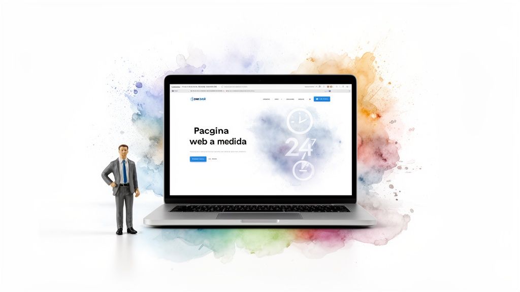 Laptop mostrando 'Página web a medida' y servicio 24/7, con figura de empresario. Fondo artístico de acuarela.