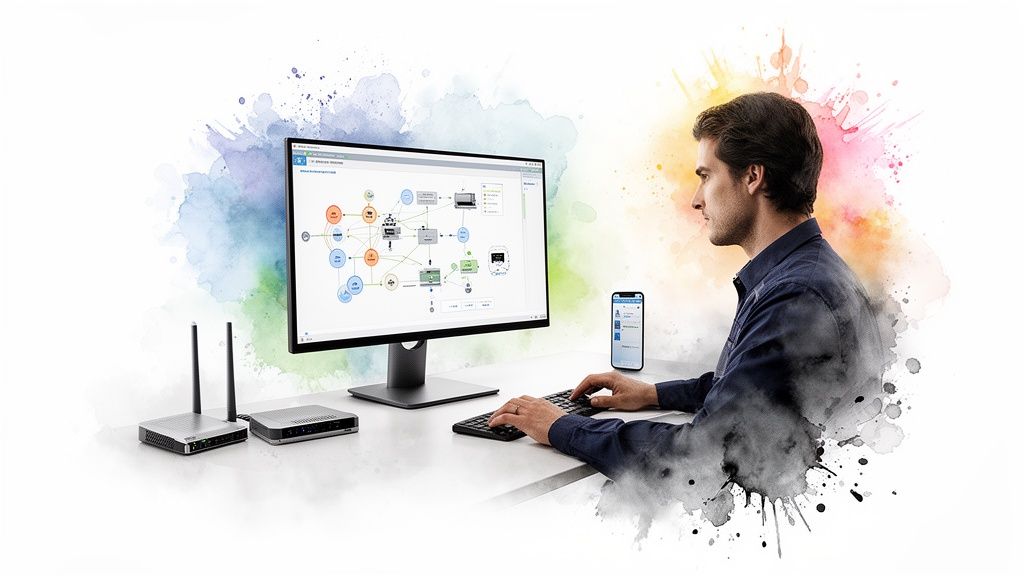 Hombre trabajando en una computadora con un diagrama de red, smartphone y dispositivos de red en un escritorio.