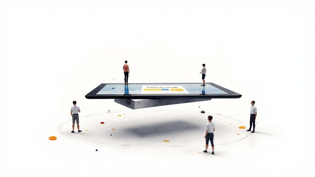 Pequeñas figuras humanas analizando datos en una tableta gigante flotante, simbolizando gestión empresarial y tecnología.