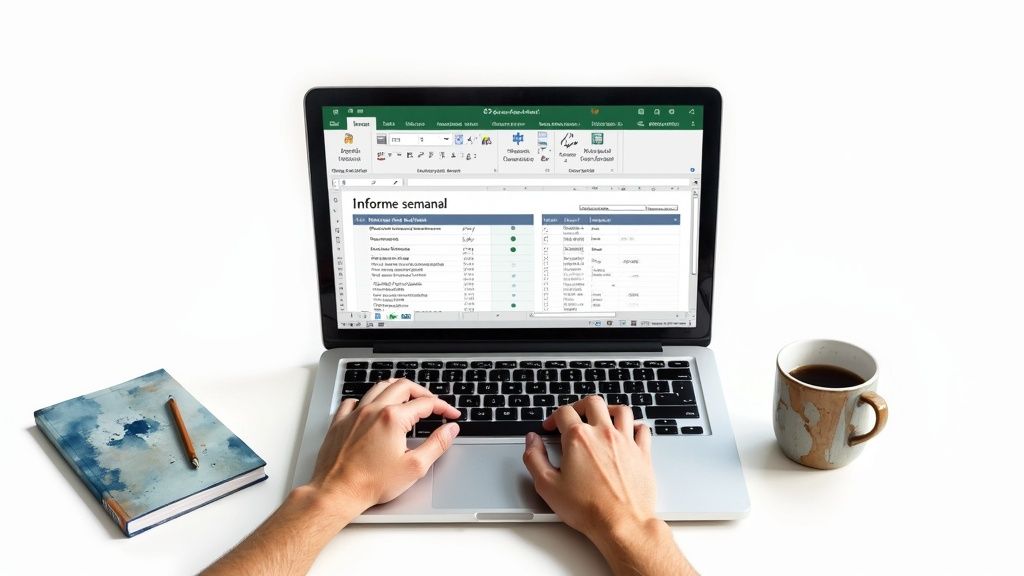 Manos escribiendo en una laptop con un informe semanal de Excel y una taza de café en un escritorio blanco.