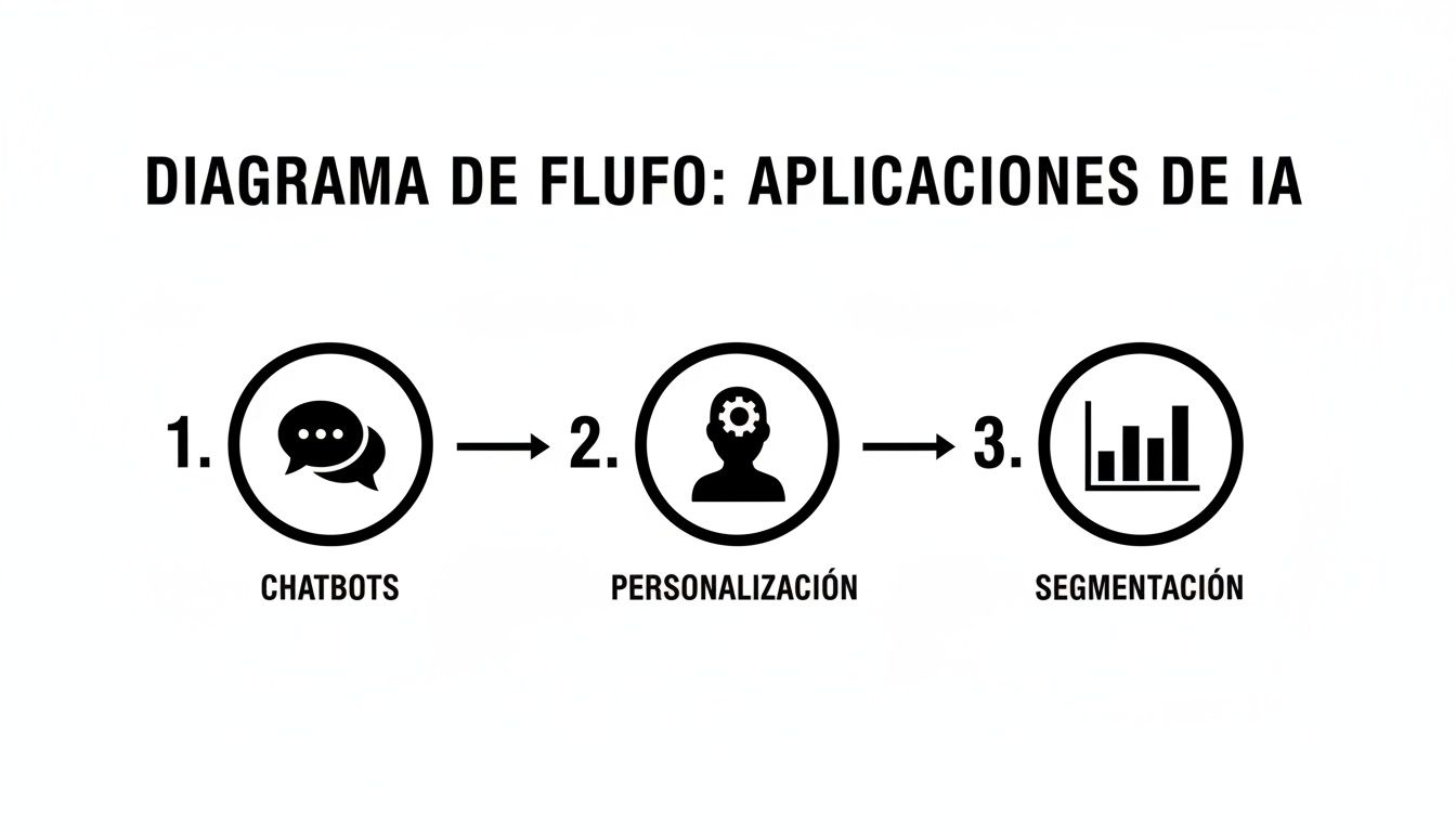 Diagrama de flujo que ilustra tres aplicaciones clave de la inteligencia artificial: chatbots, personalización y segmentación.