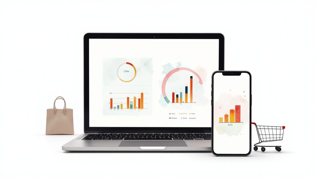 Portátil y teléfono móvil mostrando gráficos de datos, con bolsa de compra y carrito de supermercado.