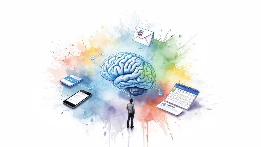 Un cerebro central rodeado de dispositivos digitales, correo electrónico y calendario, con una persona observando. Representa la conexión mental con la información y la gestión.