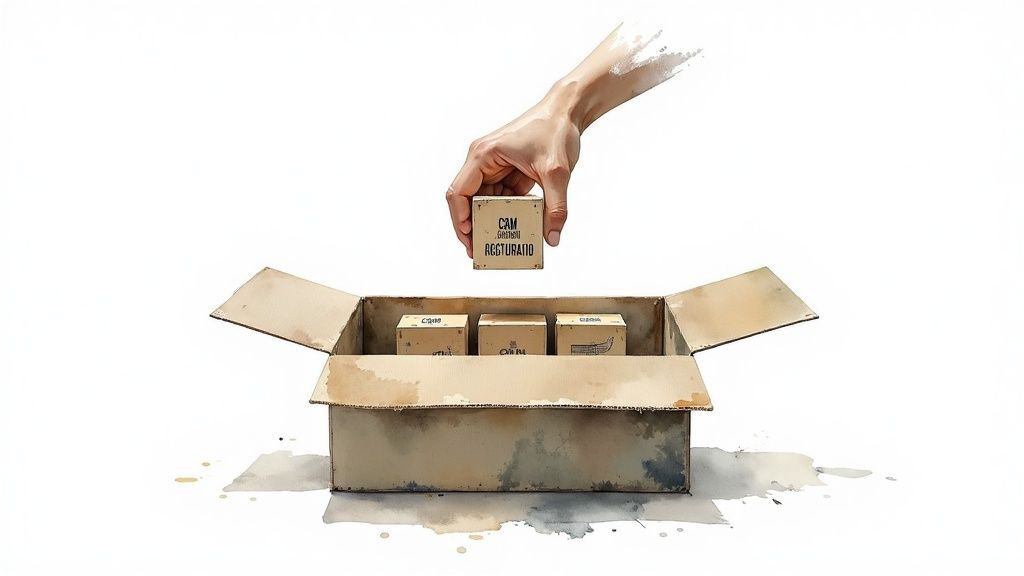 Una mano coloca una pequeña caja etiquetada "CAM GESTIÓN" dentro de una caja de cartón abierta.