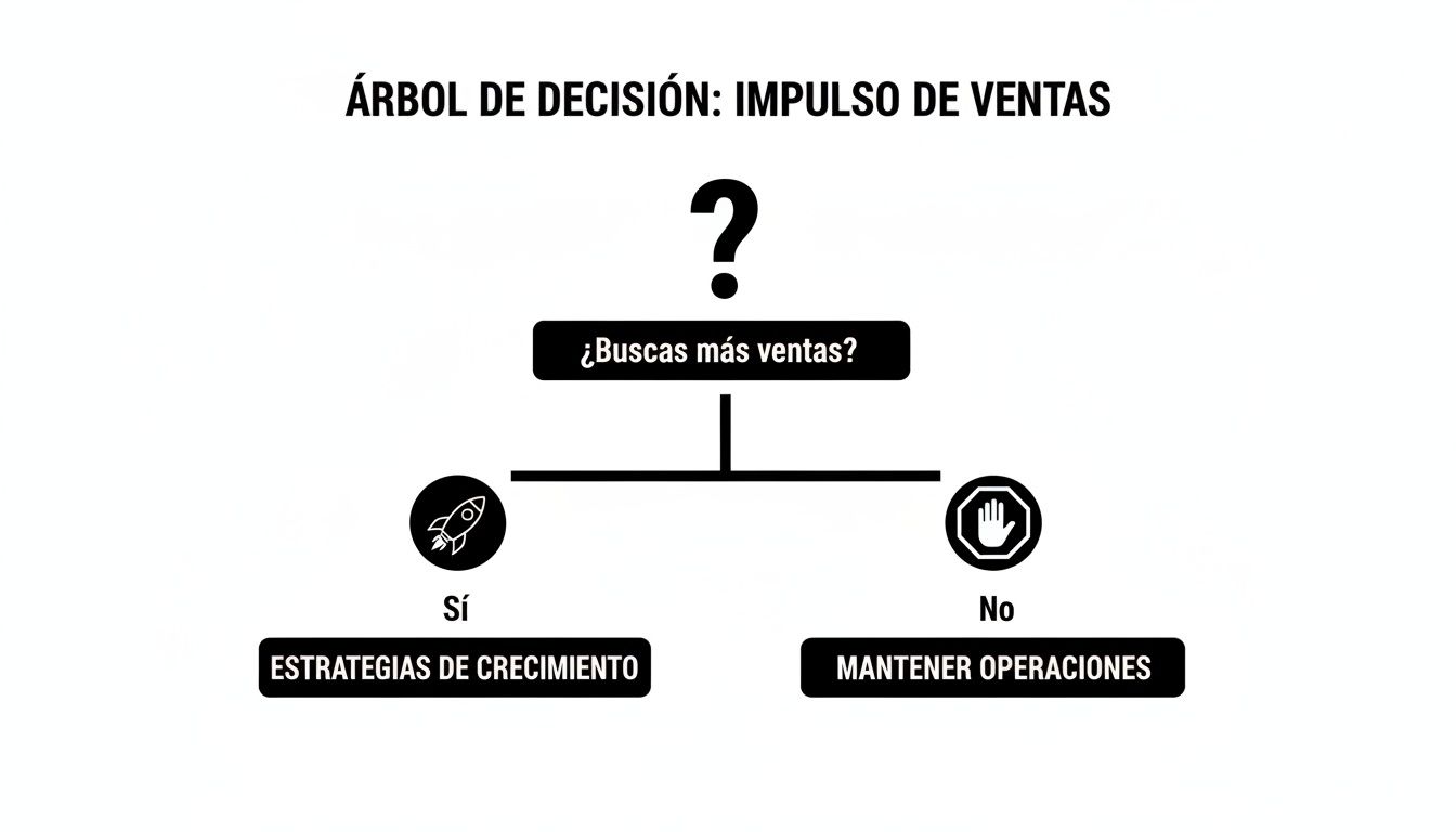 Árabbol de decisión simple para impulsar ventas, ofreciendo estrategias de crecimiento o mantener operaciones.