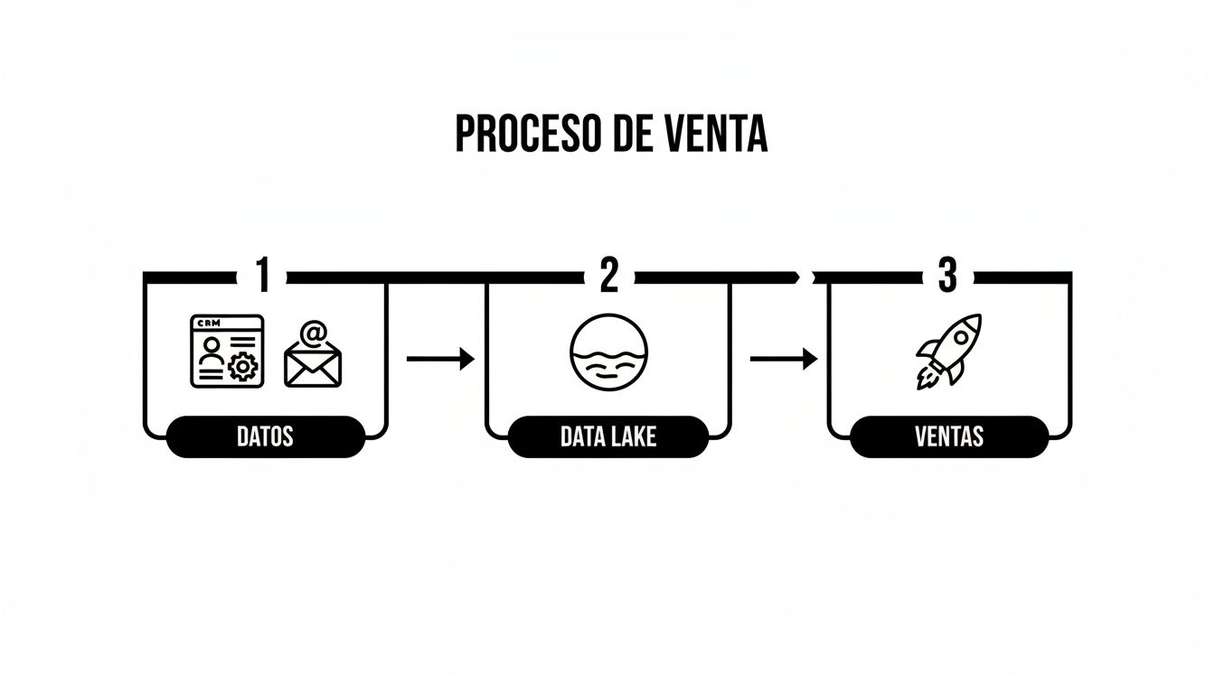 Diagrama del proceso de venta, mostrando datos, data lake y ventas, para optimizar el embudo.
