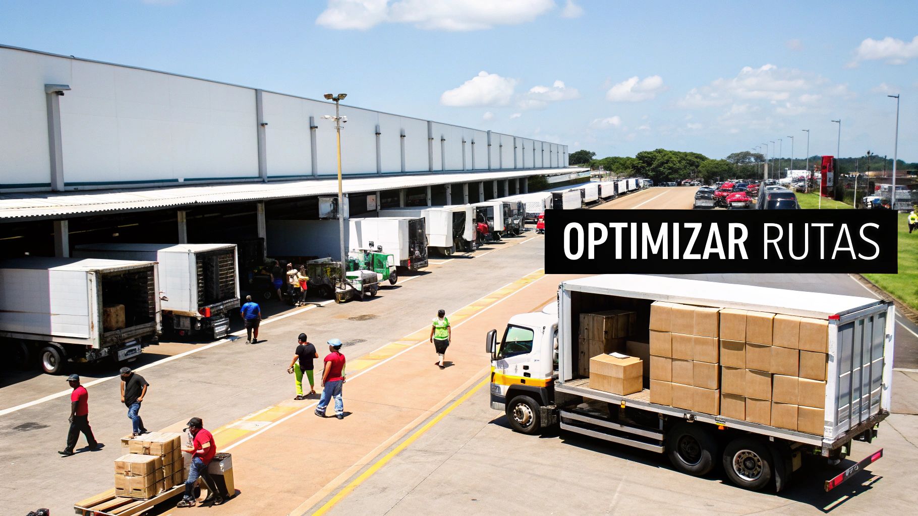 Dos trabajadores de almacén gestionando paquetes en un entorno logístico optimizado
