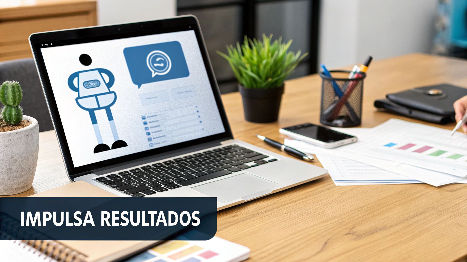 Un empresario viendo cómo un chatbot en una tablet gestiona marketing, ventas y soporte, mostrando el impacto directo en los resultados del negocio.