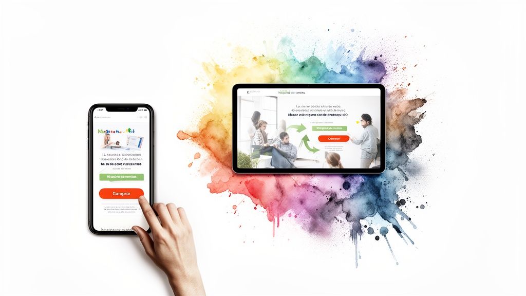 Pantallas de móvil y tablet mostrando un sitio web con personas interactuando y botones de compra, sobre un fondo de acuarela vibrante.