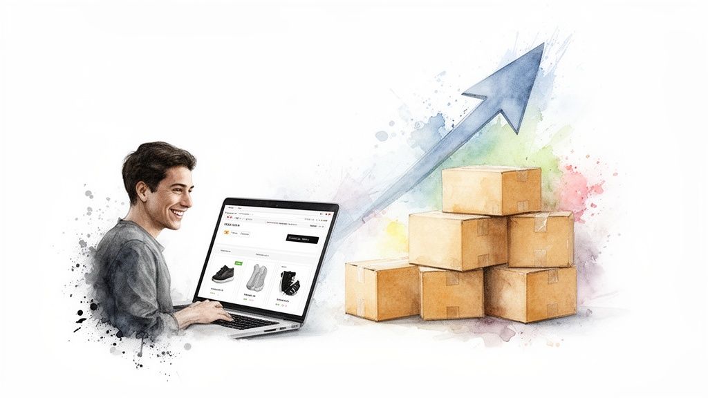 Hombre feliz usando laptop para ecommerce, con cajas de envío y una flecha de crecimiento.