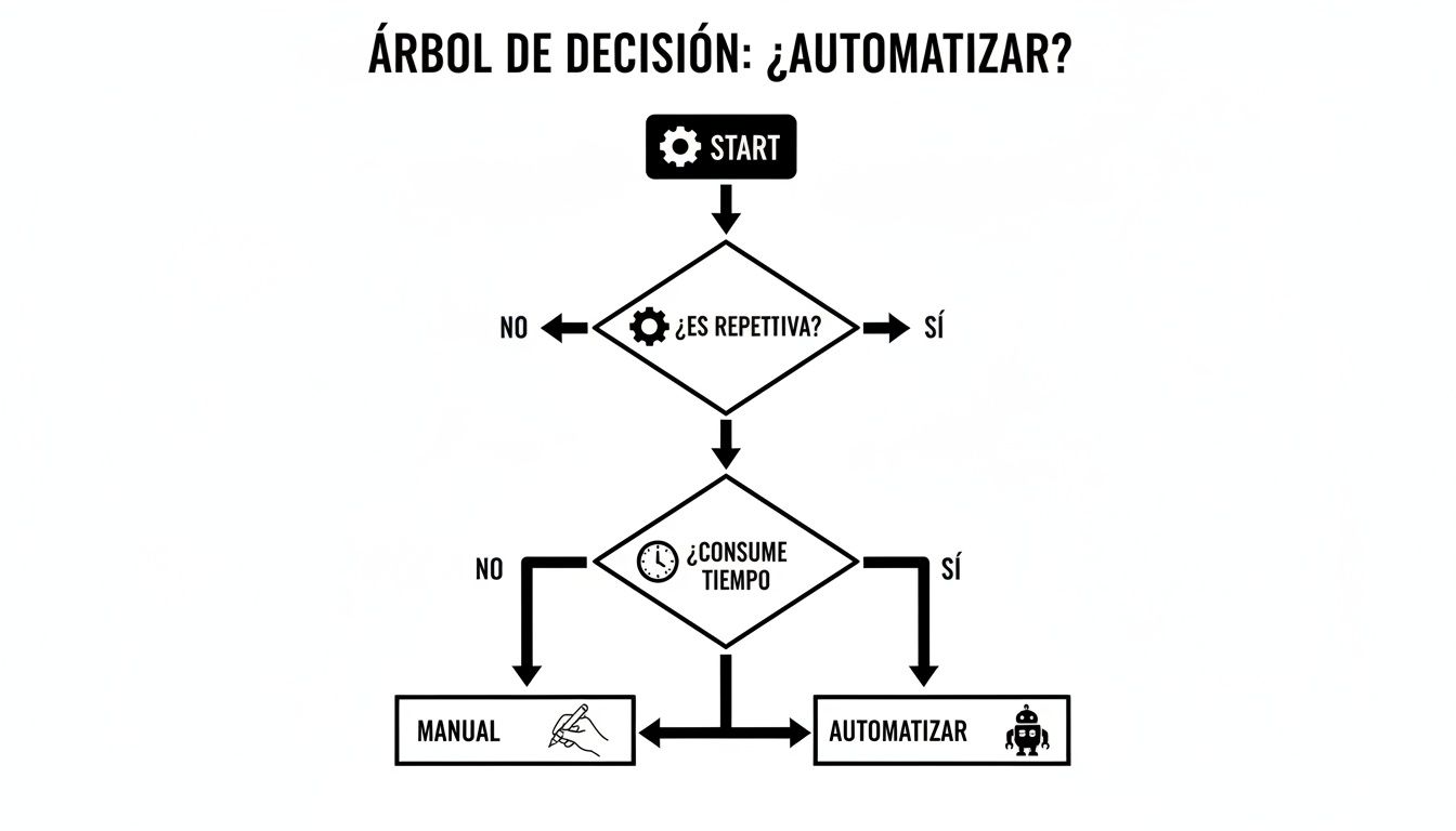Diagrama de árbol de decisión que guía sobre cuándo automatizar una tarea, preguntando si es repetitiva y consume tiempo.