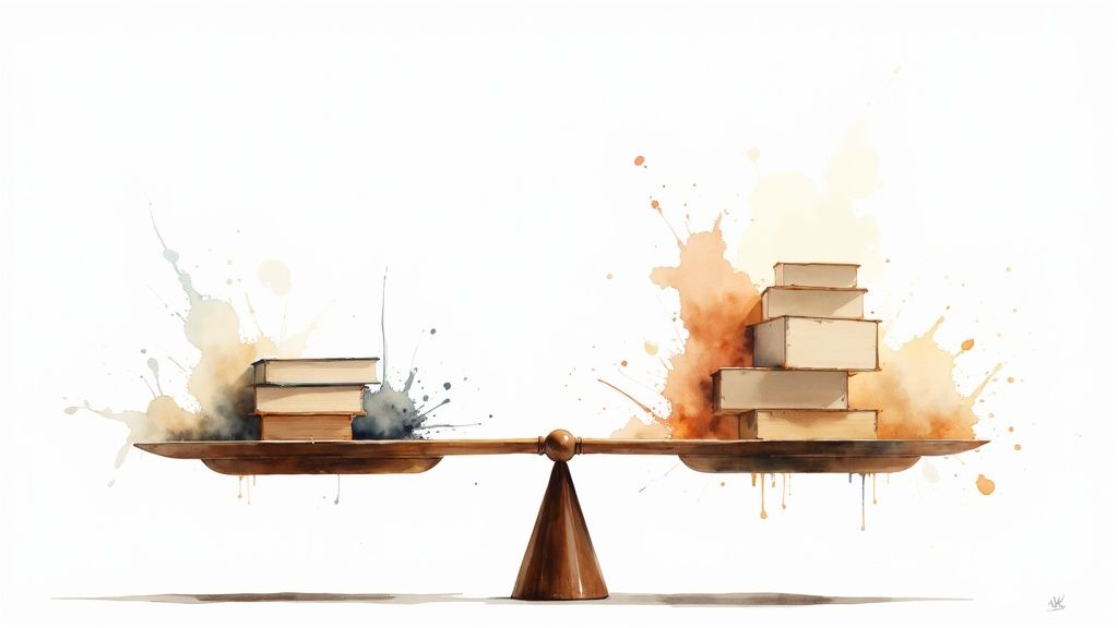 Balanza de madera con dos pilas de libros, una a cada lado, en equilibrio, rodeada de salpicaduras de acuarela.