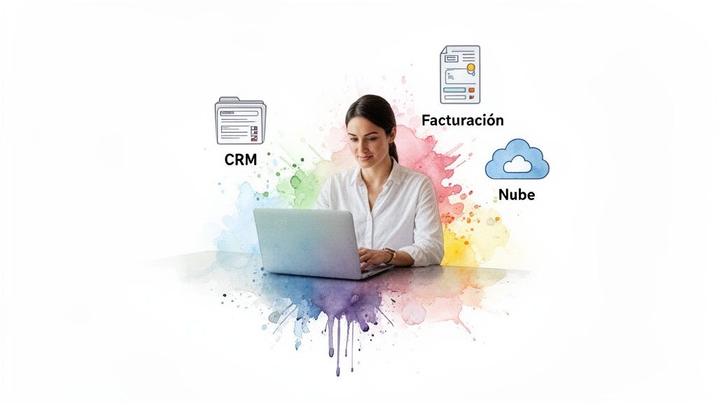 Mujer sonriente trabajando en portátil con iconos de CRM, facturación y nube, simbolizando soluciones empresariales digitales.