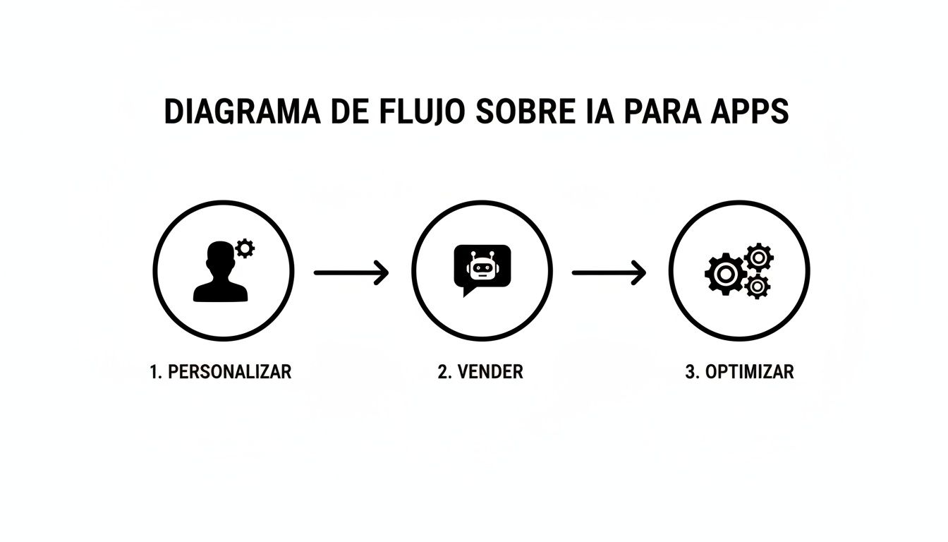 Diagrama de flujo que ilustra el proceso de IA para apps: personalizar, vender y optimizar la experiencia.
