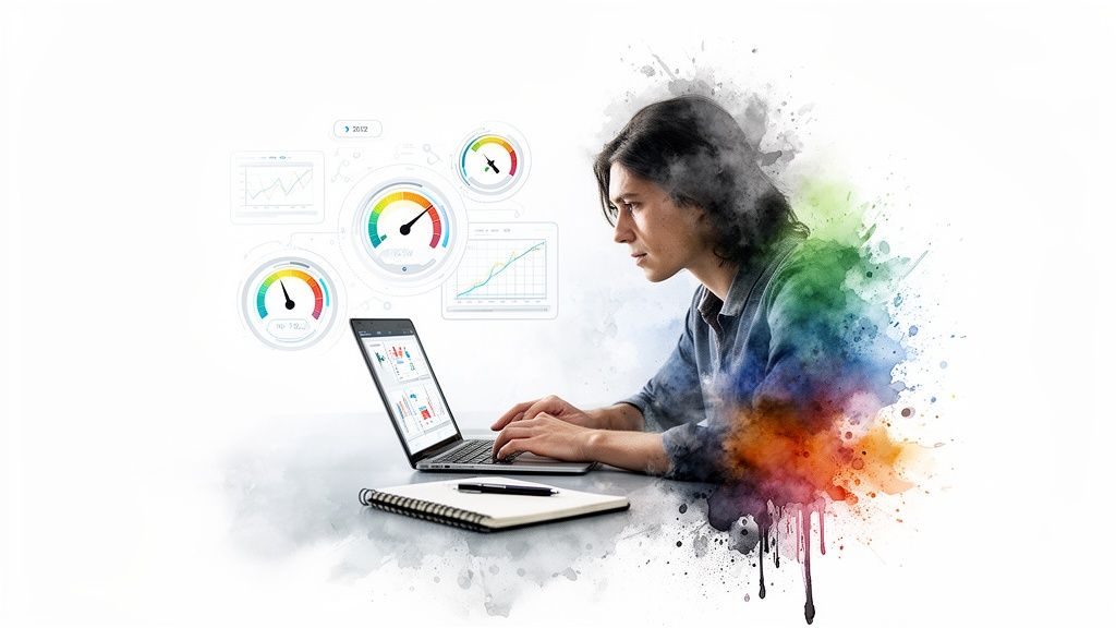 Persona joven analizando datos en una laptop, con visualizaciones digitales y salpicaduras de acuarela.