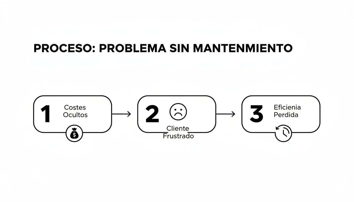 Diagrama de flujo que ilustra el proceso de un problema sin mantenimiento, destacando costes ocultos, clientes frustrados y eficiencia perdida.