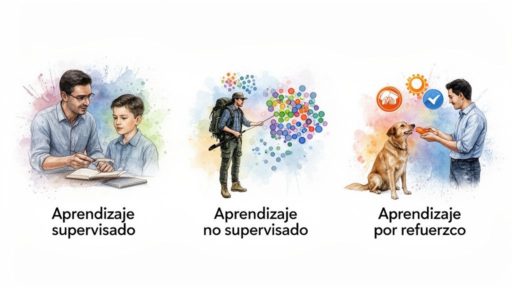Tres ilustraciones que muestran aprendizaje supervisado, no supervisado y por refuerzo, explicando algoritmos de machine learning.