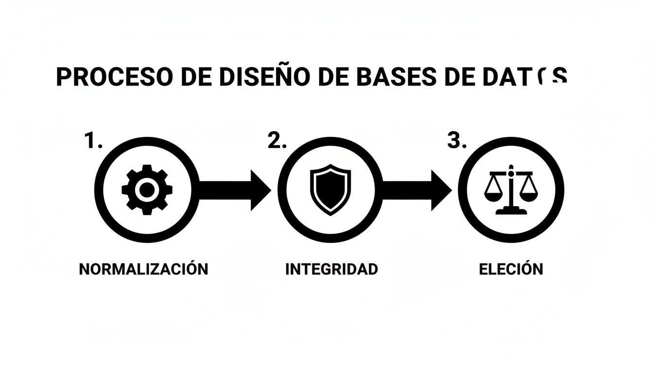 Diagrama del proceso de diseño de bases de datos con los pasos clave: Normalización, Integridad y Elección.