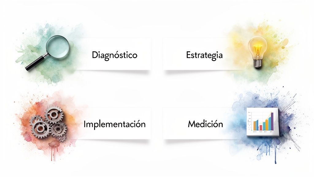 Cuatro etapas de un proceso de consultoría: diagnóstico, estrategia, implementación y medición, con íconos representativos.