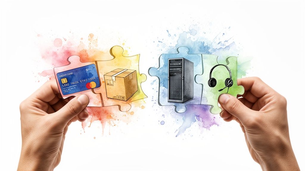 Manos uniendo piezas de rompecabezas con tarjeta, caja, servidor y auriculares, simbolizando comercio electrónico completo.