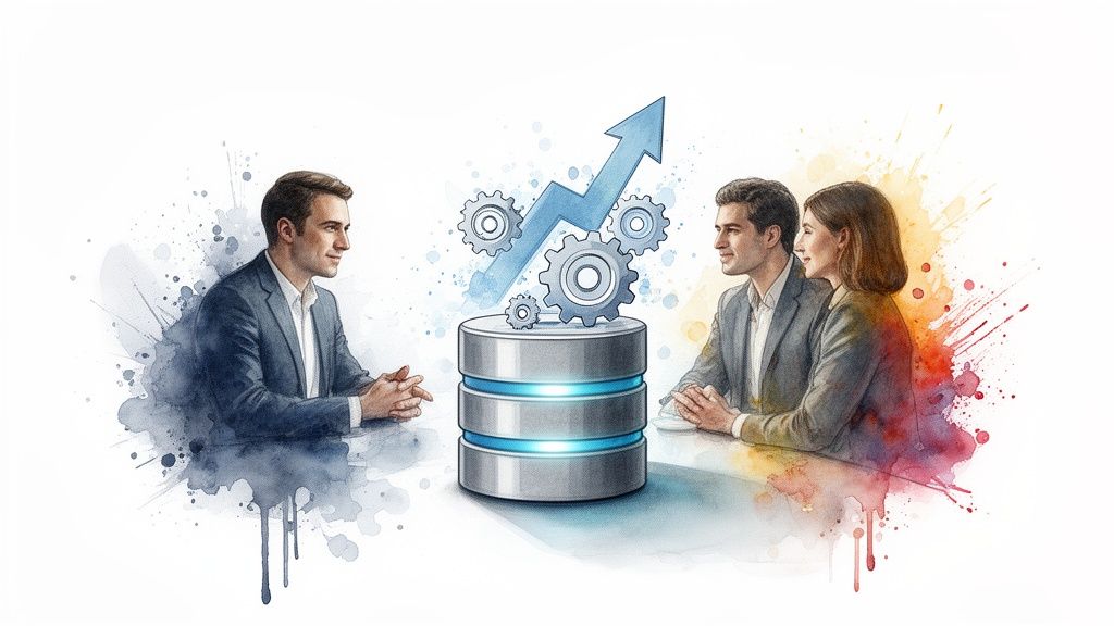 Colaboración empresarial en torno a una base de datos, simbolizando crecimiento y análisis de información.