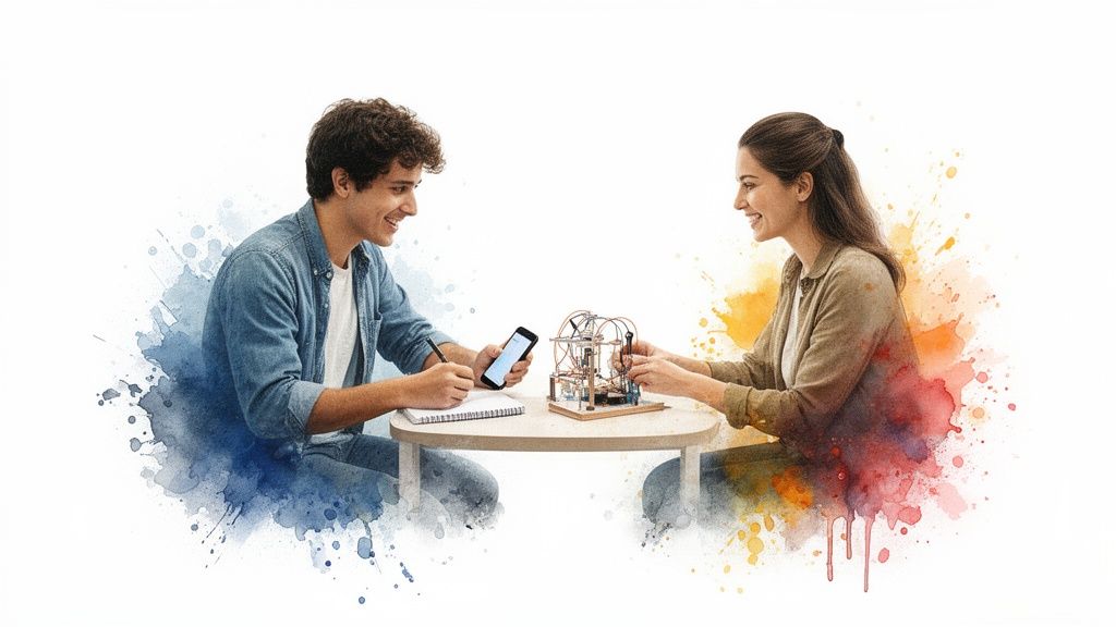 Dos jóvenes sonrientes colaboran en un proyecto tecnológico con un modelo y un teléfono.