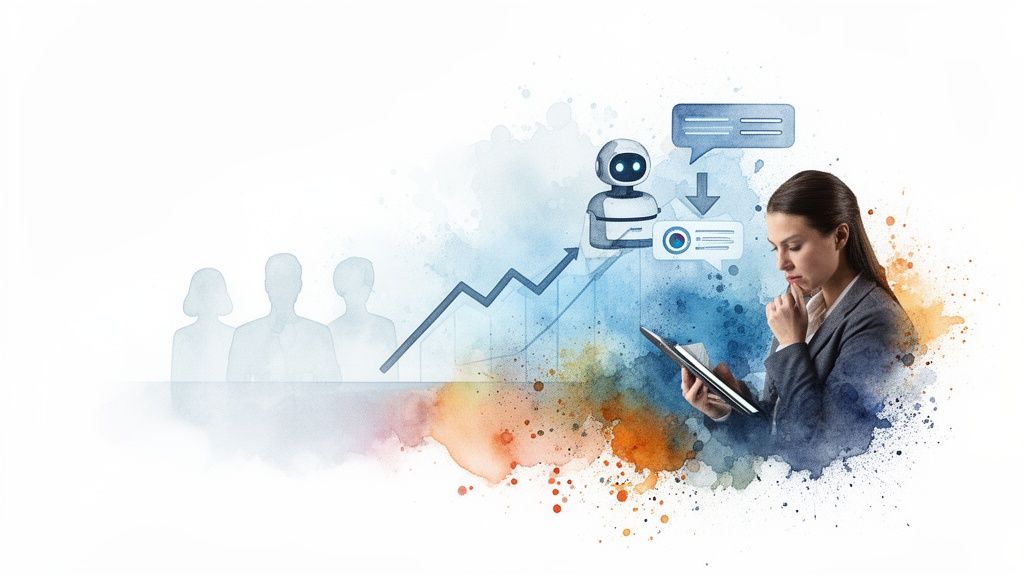 Mujer analizando datos con inteligencia artificial para marketing, mostrando crecimiento empresarial con tecnología.