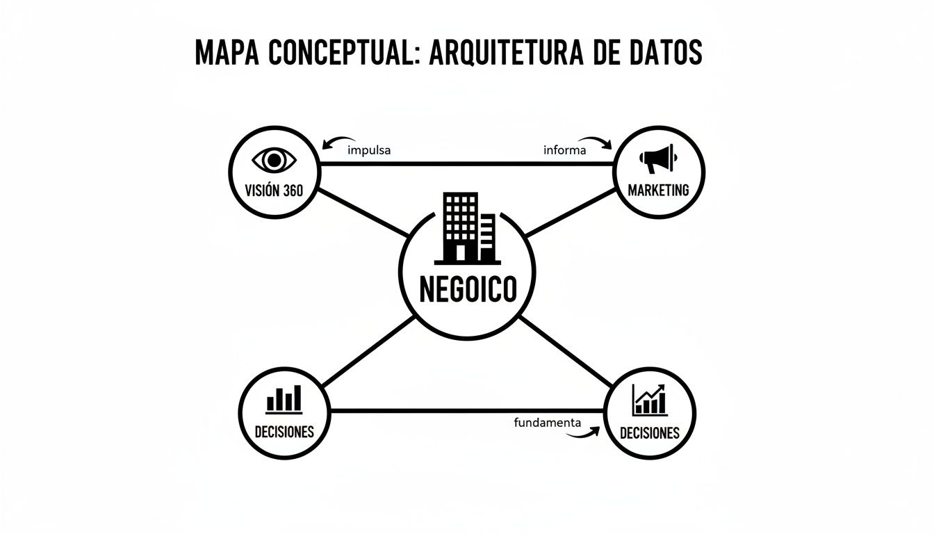 Mapa conceptual de arquitectura de datos mostrando la interconexión del negocio con visión 360, marketing y decisiones.