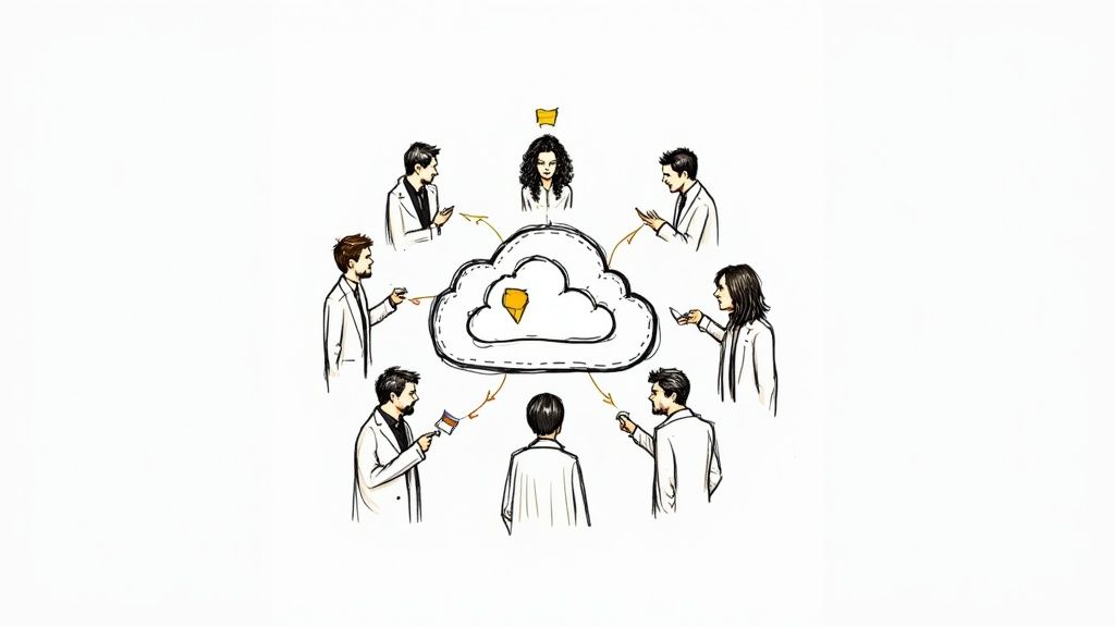 A team collaborating around a computer with organised files