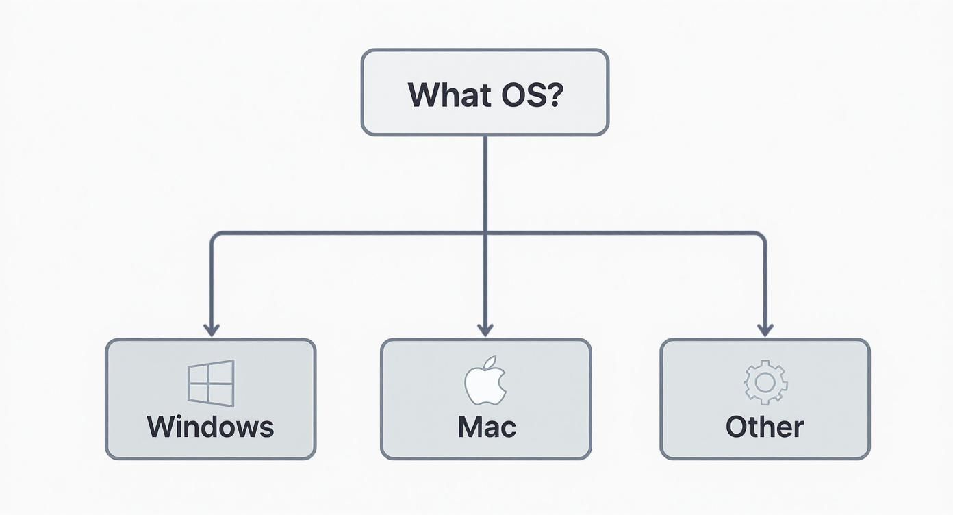 A flowchart asking ‘What OS?’, categorizing into Windows, Mac, and Other operating systems.