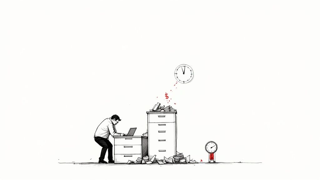 Businessman working at makeshift desk with filing cabinets, scattered papers, clock and money symbols overhead