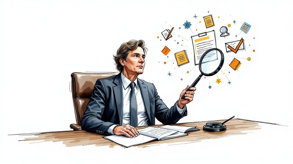 A lawyer working efficiently on a laptop, with digital files and icons floating around, symbolizing enhanced productivity.