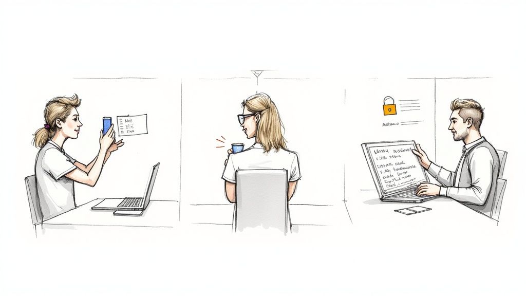 Three individuals engaged in digital and office tasks: a woman scanning, another having coffee, and a man working on a laptop.