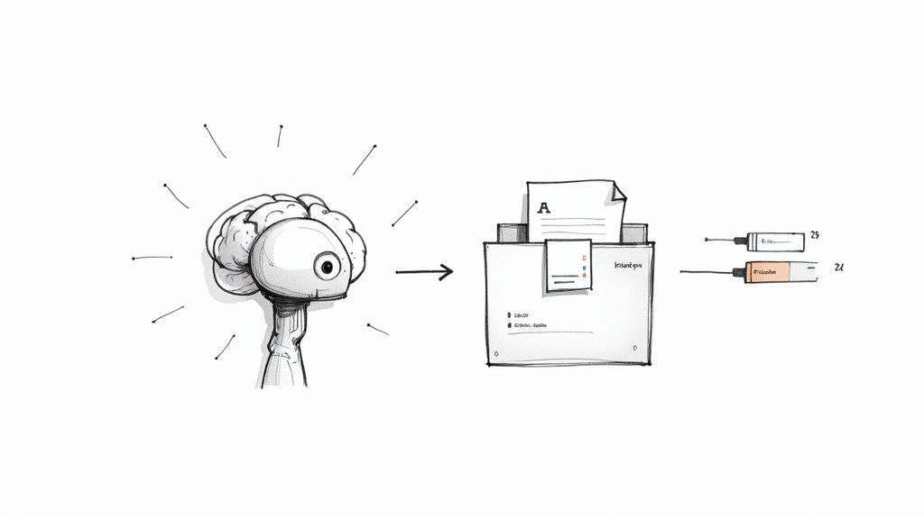 A cartoon brain with an eye processes documents in a machine, leading to two syringes.