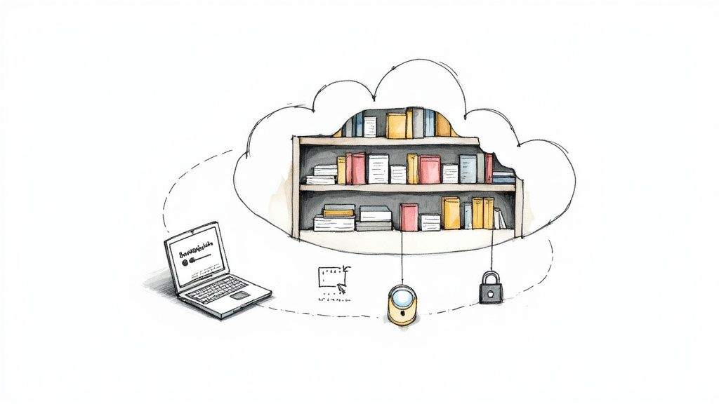 A clean, modern desk with a laptop open, showcasing a digital document management system, symbolizing order and efficiency.
