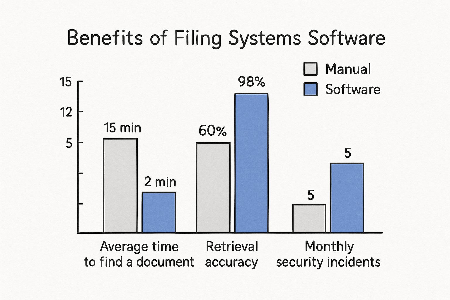 Infographic comparing manual vs software-based document management on time, accuracy, and security.
