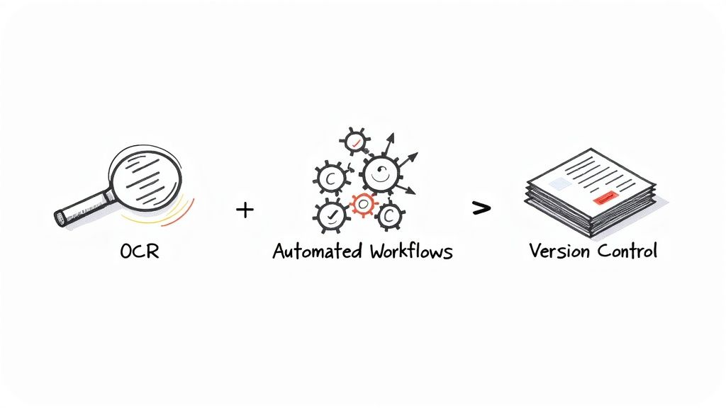 A person using a tablet to manage documents with automated workflow icons floating around, symbolizing efficiency.