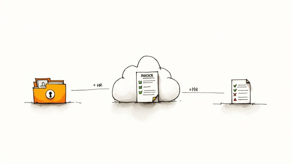 A diverse team collaborates in a modern office, reviewing documents on a large screen, showing the real-world application of cloud document management.