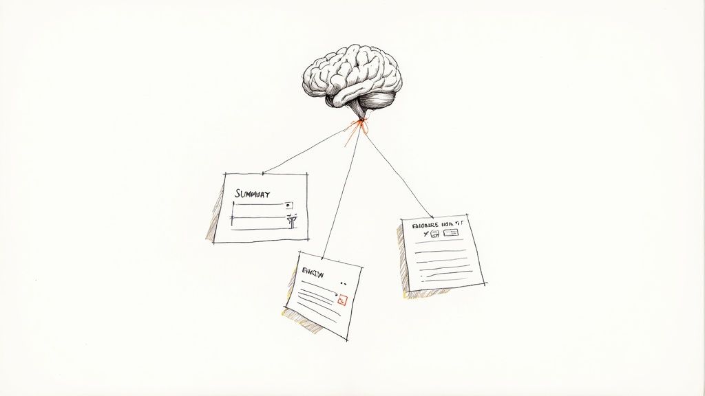 A brain is visually connected by lines to three document outlines, labeled ‘SUMMARY’, ‘EQUATION’, and ‘EDIGARE NON TIT’.