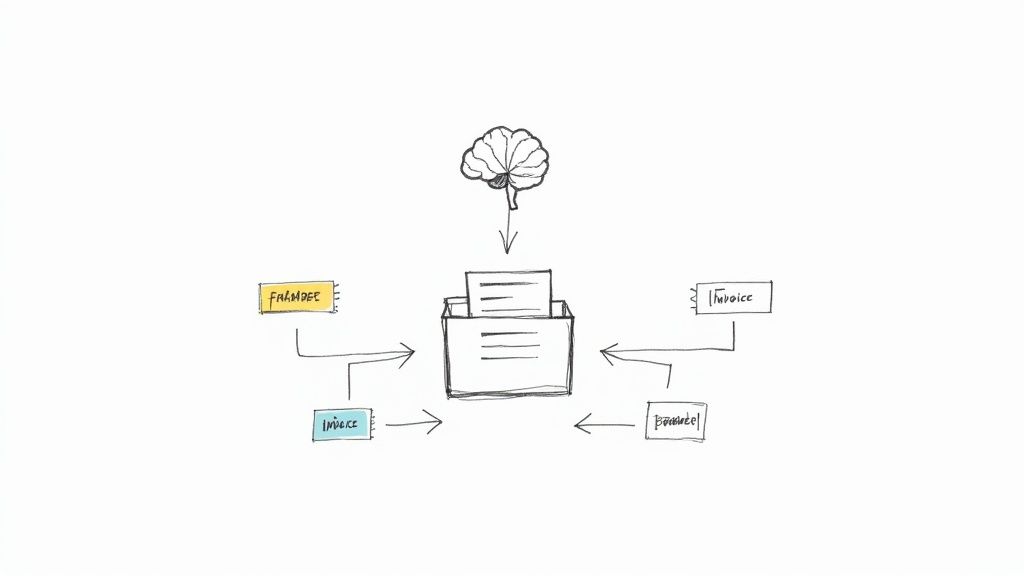 An AI system automatically sorting digital documents into organized folders.