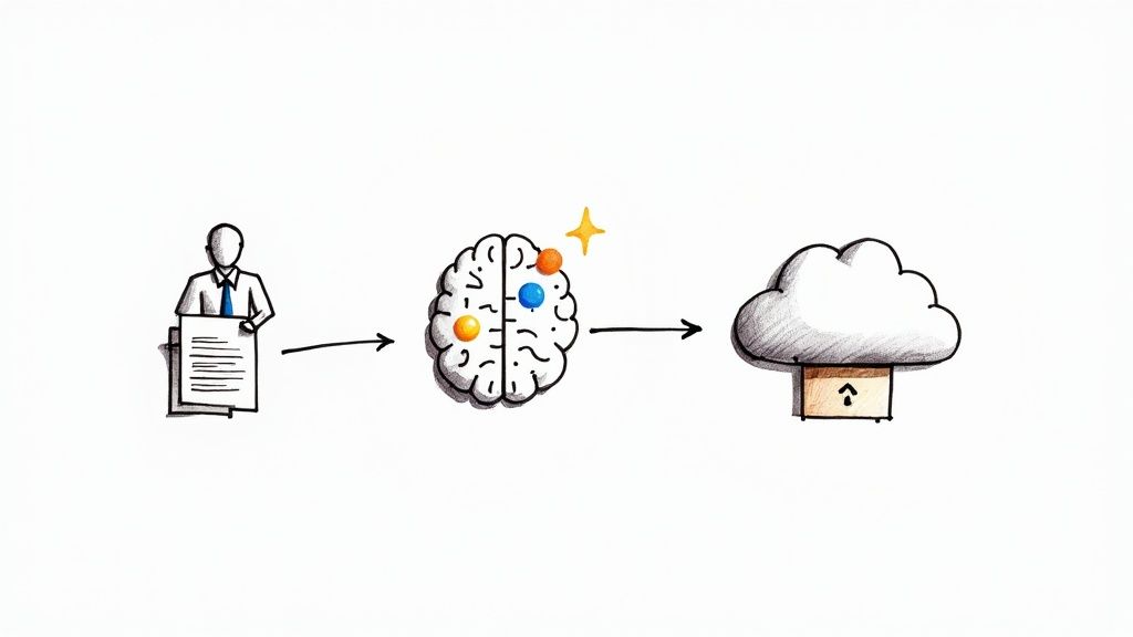 A relaxed business owner looking at a graph showing upward growth, representing the positive outcomes of AI document management.