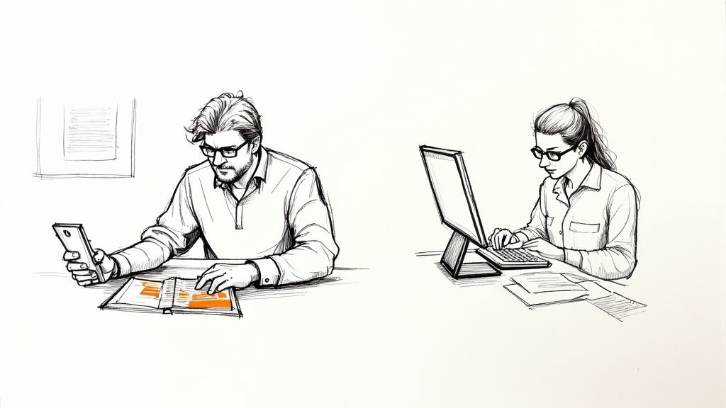 A person smiling while using a laptop to easily find a digital document, representing peace of mind.
