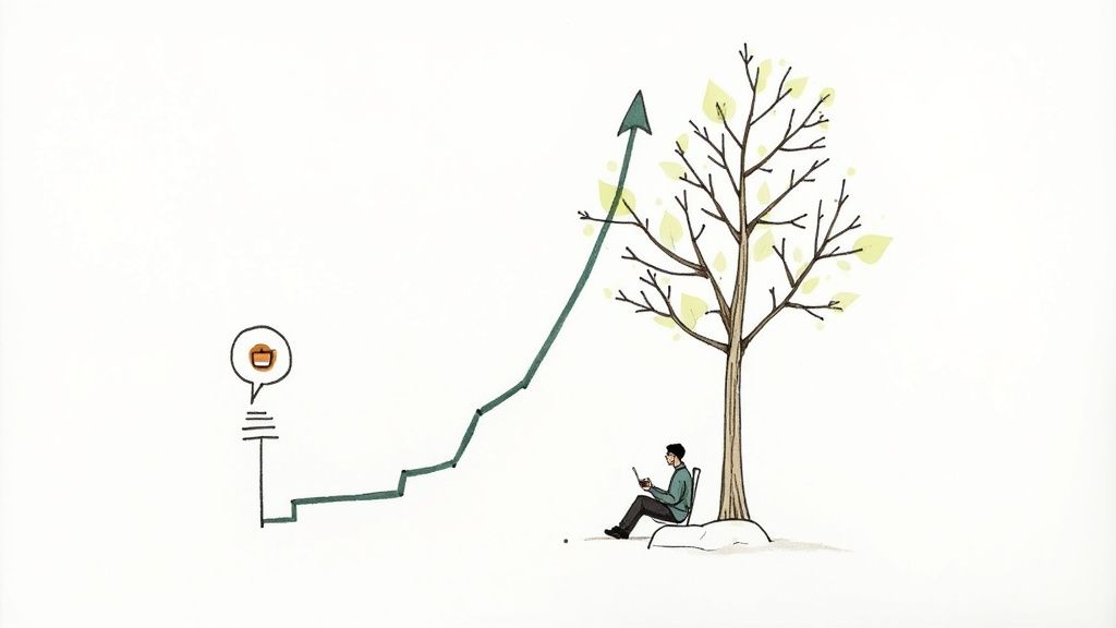 A person sitting at a clean desk, looking relaxed and confident while reviewing business growth charts on a laptop.