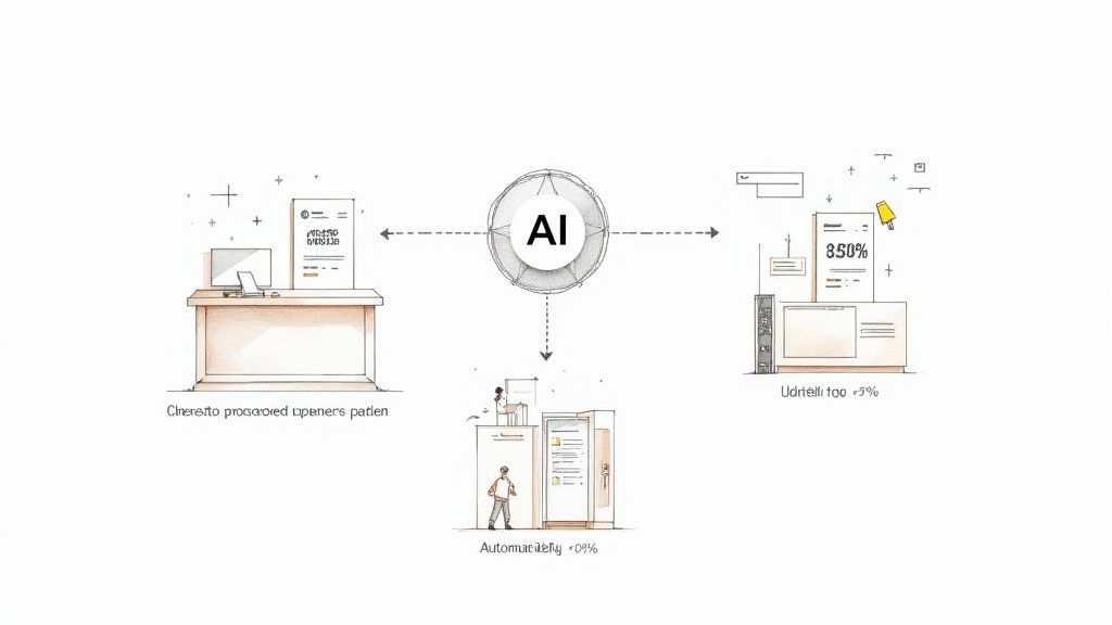 A diverse group of professionals in different settings—a clinic, a construction site, and an office—collaborating through their devices, showcasing AI document management in various industries.