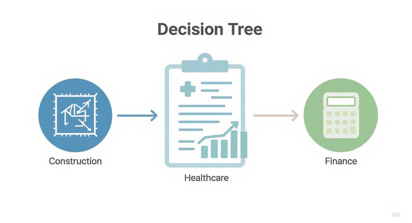 Infographic showing how construction, healthcare, and finance industries benefit from paperless document management.