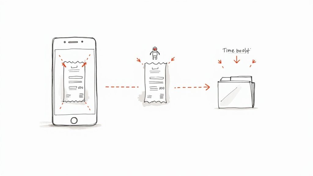 Mobile phone receipt scanning process showing digital document management and time-saving organization workflow